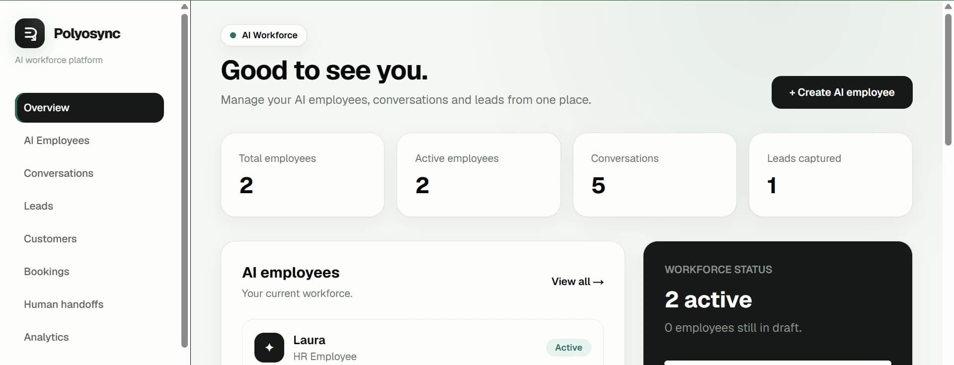 Polyosync business dashboard showing AI activity and operational data