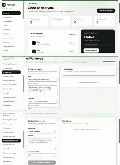 Polyosync AI workforce dashboard, AI workforce coordination and autonomous workflows
